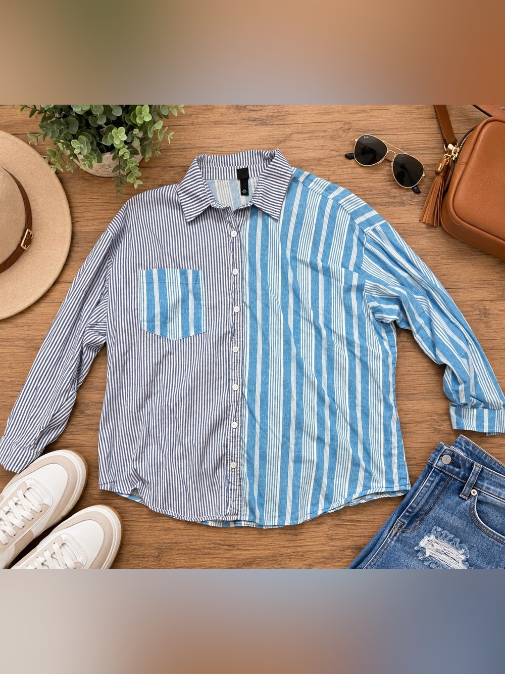 Wild Fable XXL Blue White Mixed Stripe Oversized Button Down Shirt Coastal